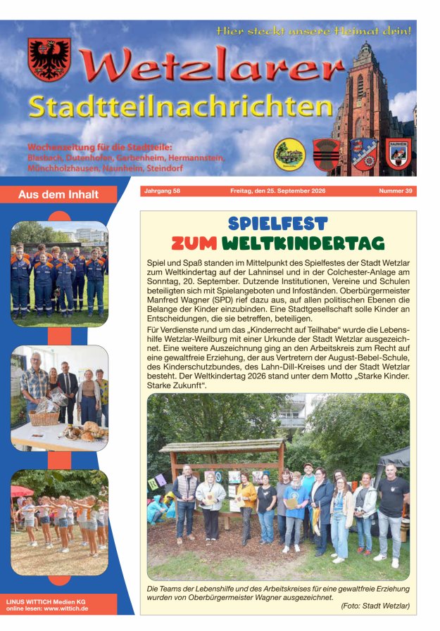 Wetzlarer Stadtteilnachrichten Titelblatt 39/2026
