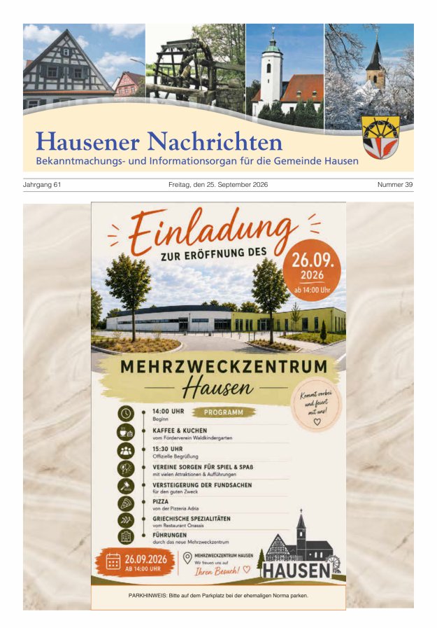 Hausener Nachrichten Titelblatt 39/2026