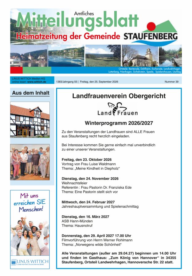 Heimatzeitung der Gemeinde Staufenberg Titelblatt 39/2026