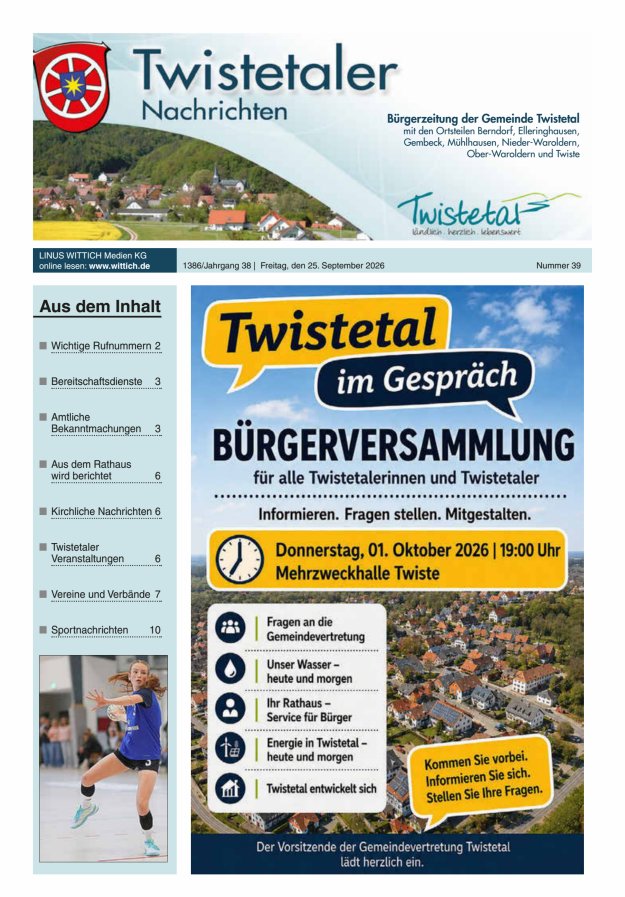 Twistetaler Nachrichten Titelblatt 39/2026