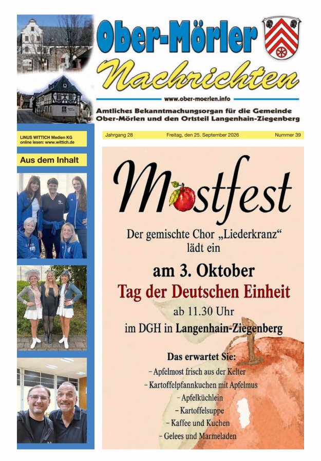 Ober-Mörler Nachrichten Titelblatt 39/2026