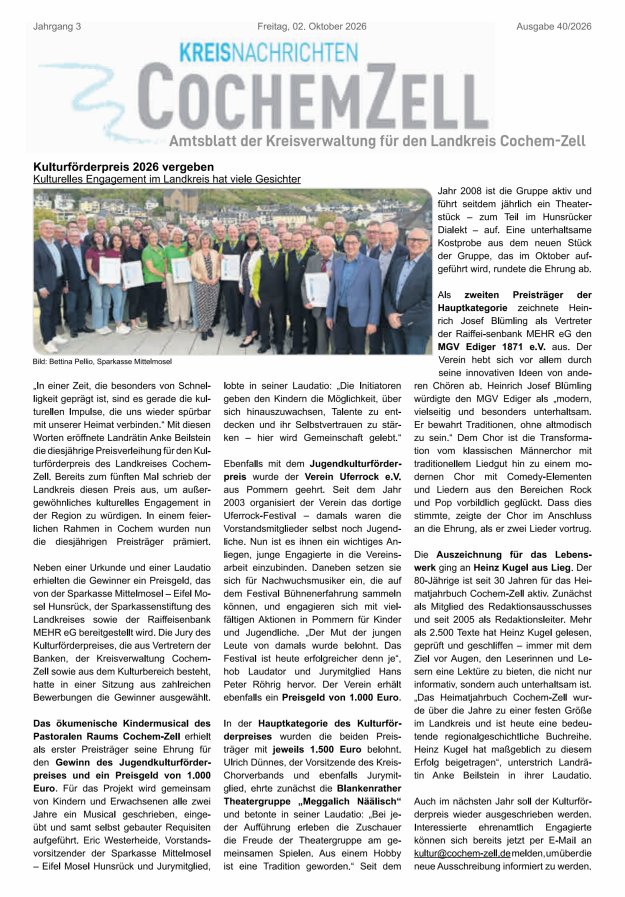 Kreisnachrichten Cochem-Zell Titelblatt 40/2026