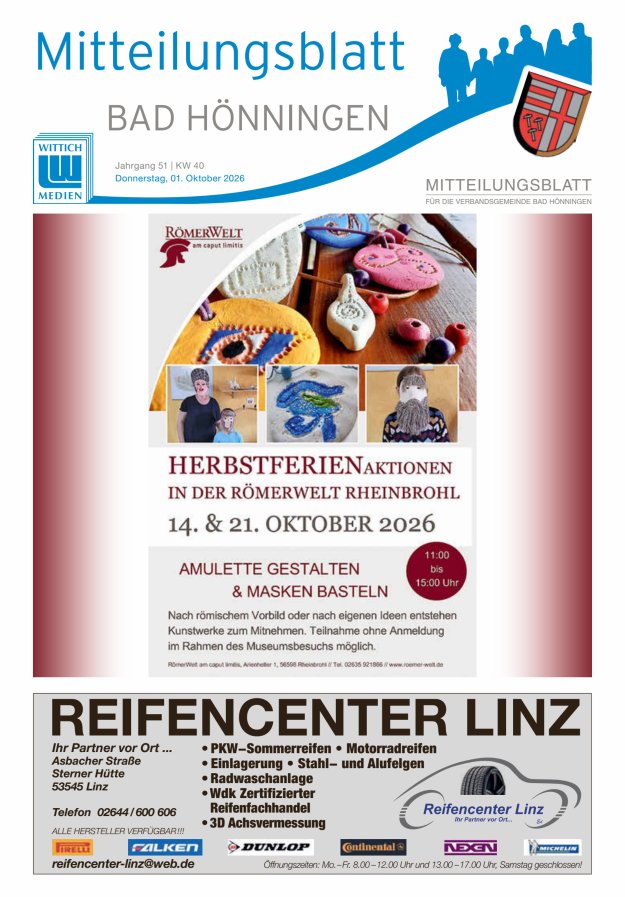 Mitteilungsblatt für den Bereich der Verbandsgemeinde Bad Hönningen Titelblatt 40/2026