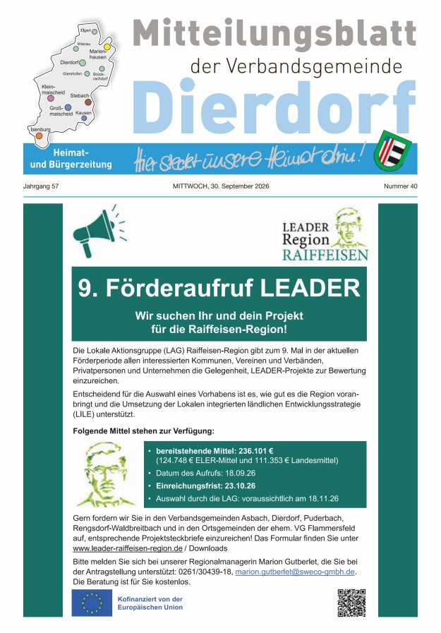 Mitteilungsblatt der Verbandsgemeinde Dierdorf Titelblatt 40/2026