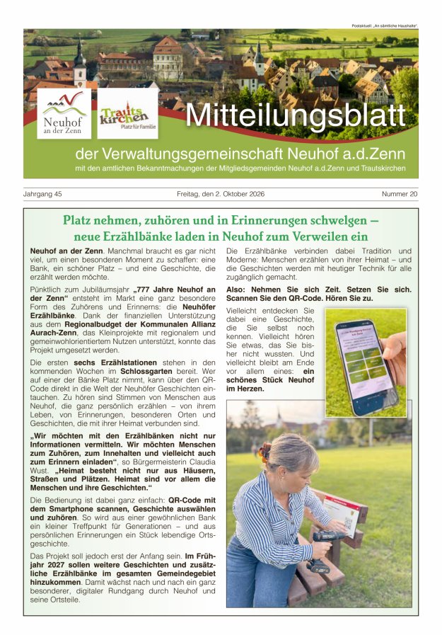 Mitteilungsblatt der Verwaltungsgemeinschaft Neuhof an der Zenn mit den amtlichen Bekanntmachungen der Mitgliedsgemeinden Neuhof an der Zenn und Trautskirchen Titelblatt 20/2026