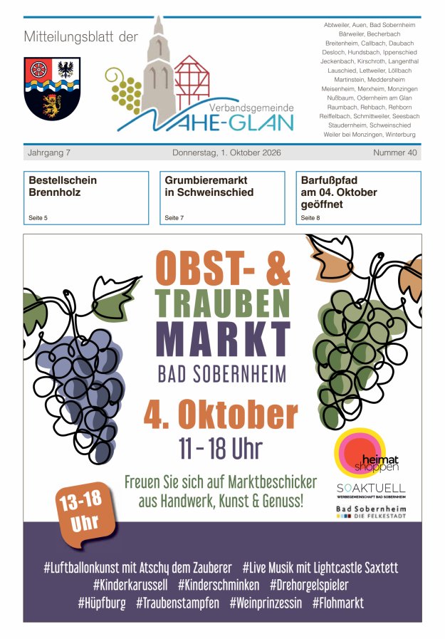 Mitteilungsblatt für die Verbandsgemeinde Nahe-Glan Titelblatt 40/2026
