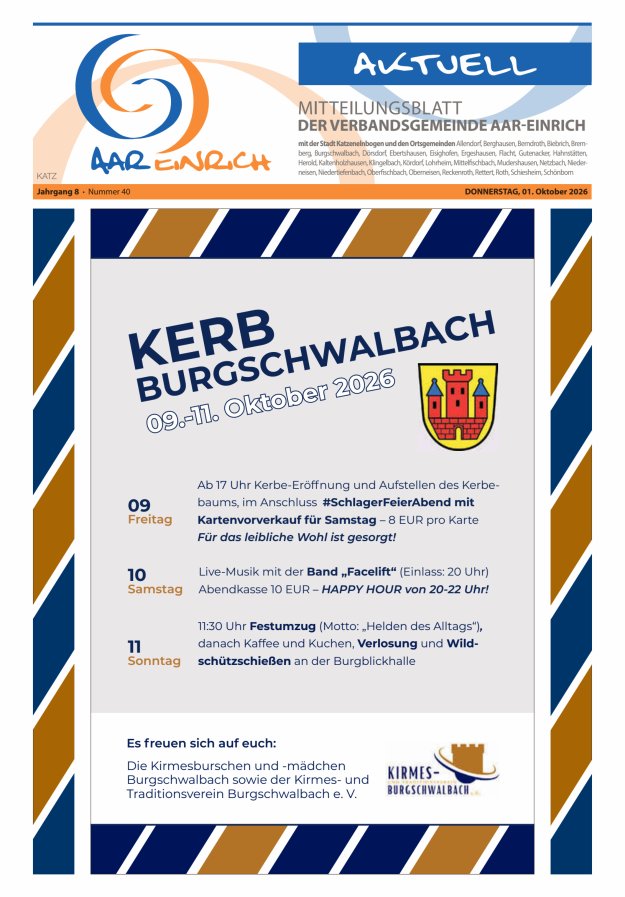 Mitteilungsblatt der Verbandsgemeinde Aar-Einrich Ausgabe Katzenelnbogen Titelblatt 39/2026