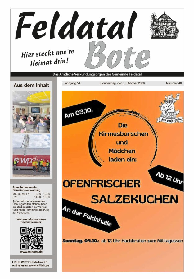 Das Amtliche Verkündungsorgan der Gemeinde Feldatal Titelblatt 40/2026