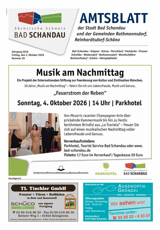 Amtsblatt der Stadt Bad Schandau und der Gemeinden Titelblatt 20/2026