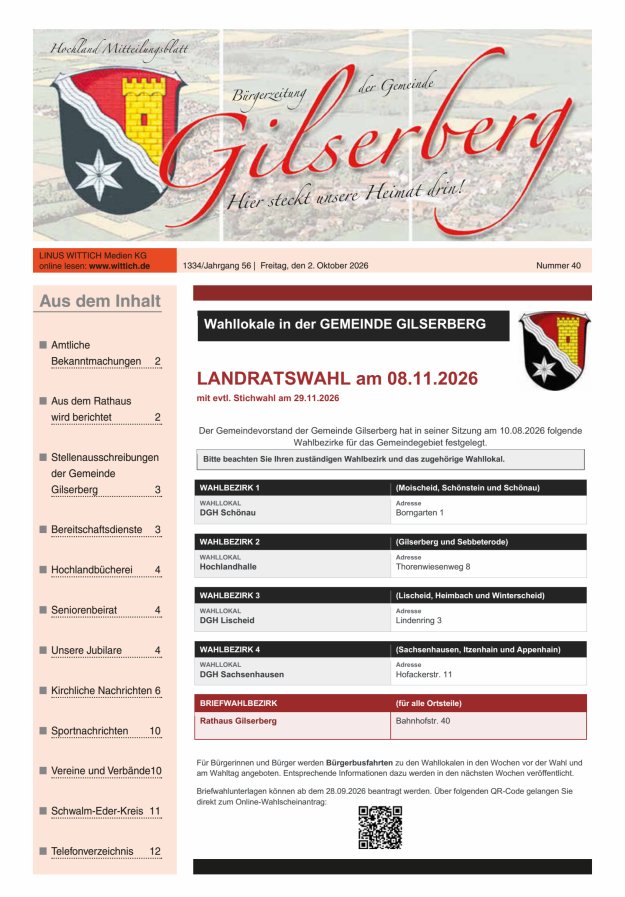 Hochland Mitteilungsblatt Gilserberg Titelblatt 40/2026