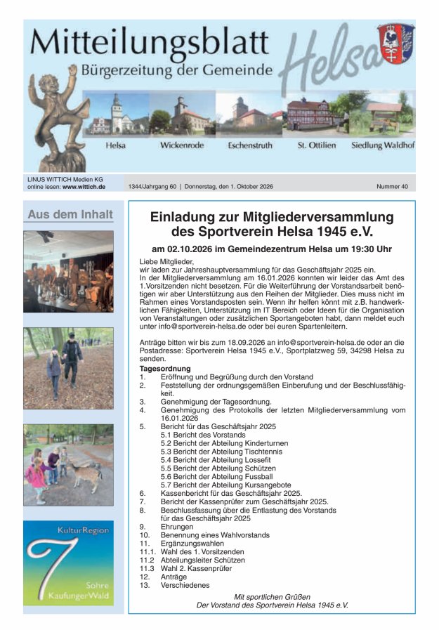Mitteilungsblatt Helsa Titelblatt 40/2026