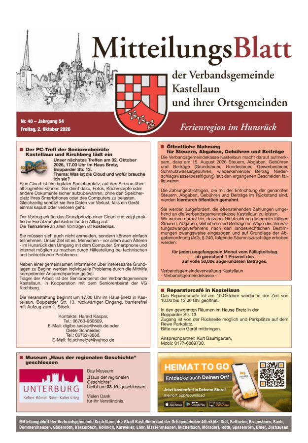 Mitteilungsblatt Kastellaun Titelblatt 40/2026