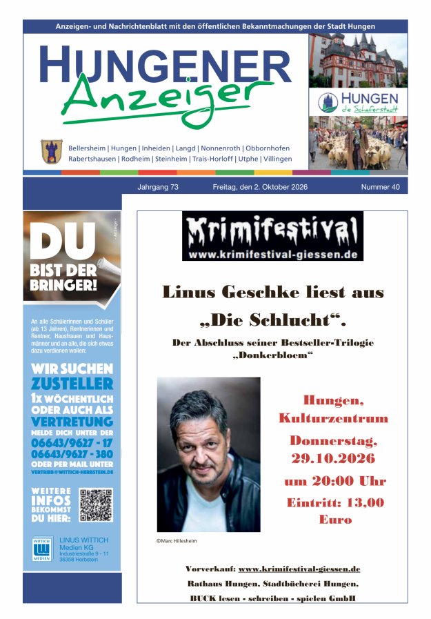 Anzeigen- und Nachrichtenblatt mit den öff  Bekanntmachungen der Stadt Hungen Titelblatt 40/2026
