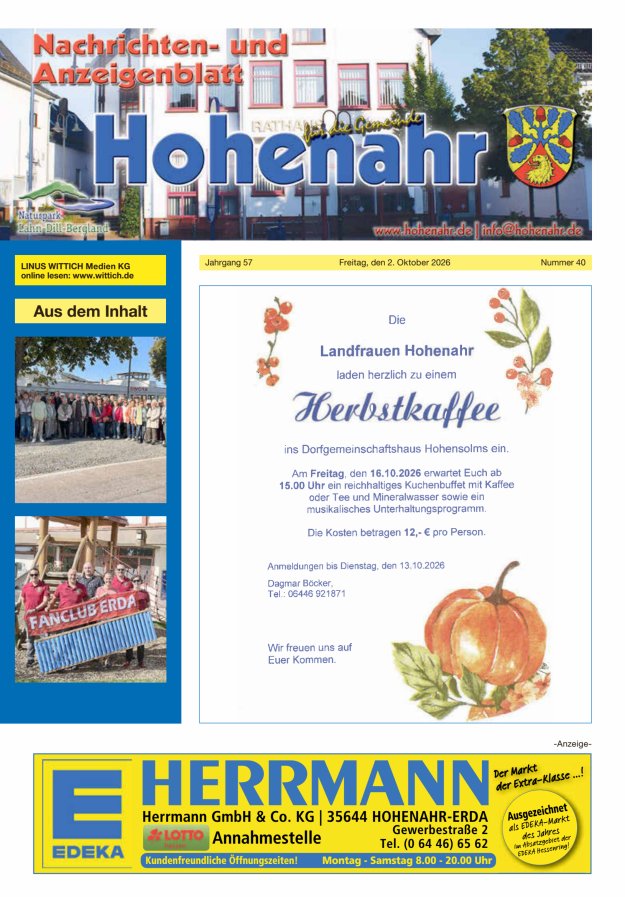 Nachrichten- und Anzeigenblatt für die Gemeinde Hohenahr Titelblatt 40/2026