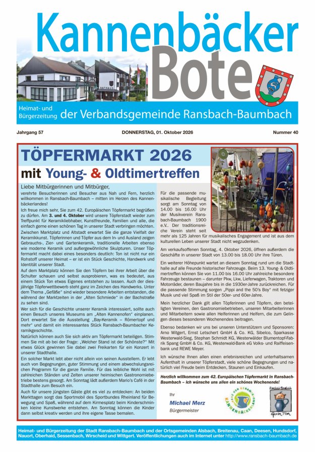 Kannenbäcker-Bote der Verbandsgemeinde Ransbach-Baumbach Titelblatt 40/2026