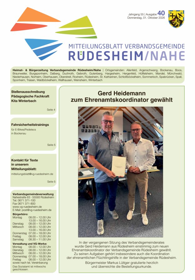 Mitteilungsblatt Verbandsgemeinde Rüdesheim und zugehörige Ortsgemeinden Titelblatt 40/2026