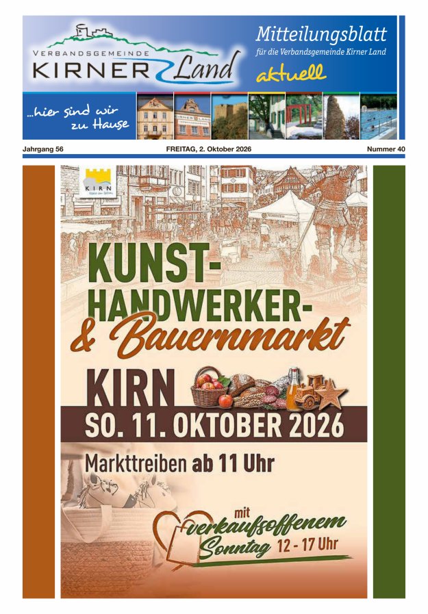 Mitteilungsblatt für den Bereich der Verbandsgemeinde Kirner Land Titelblatt 40/2026