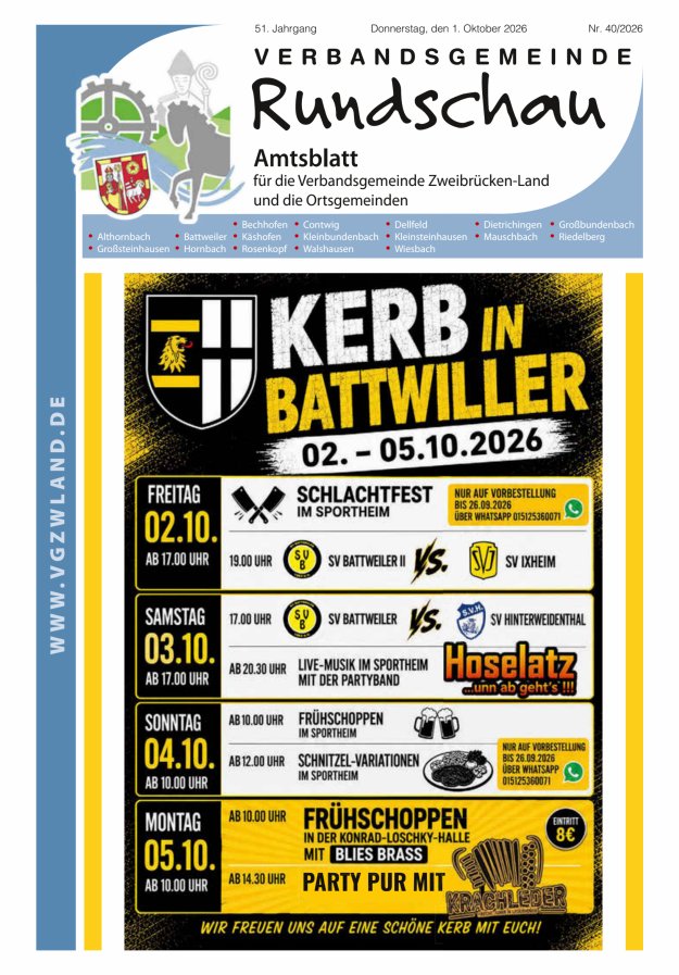 Verbandsgemeinde Rundschau Zweibrücken-Land Titelblatt 40/2026