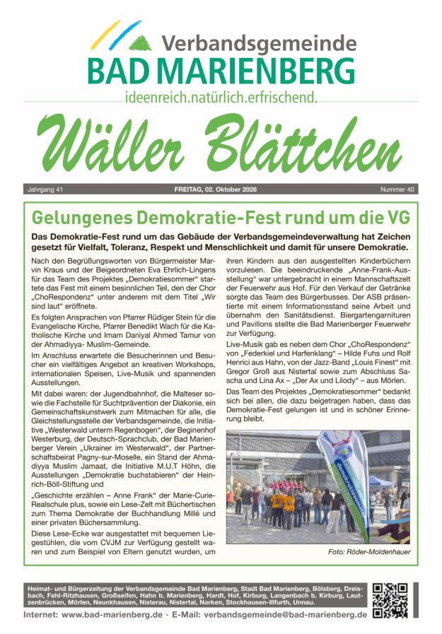 Wäller Blättchen - Verbandsgemeinde Bad Marienberg Titelblatt 40/2026