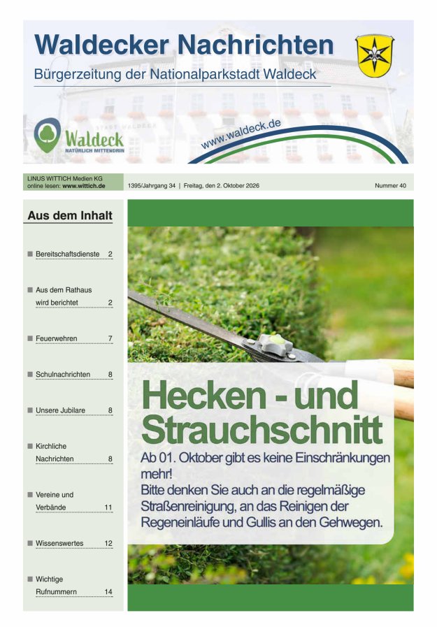 Waldecker Nachrichten Titelblatt 40/2026