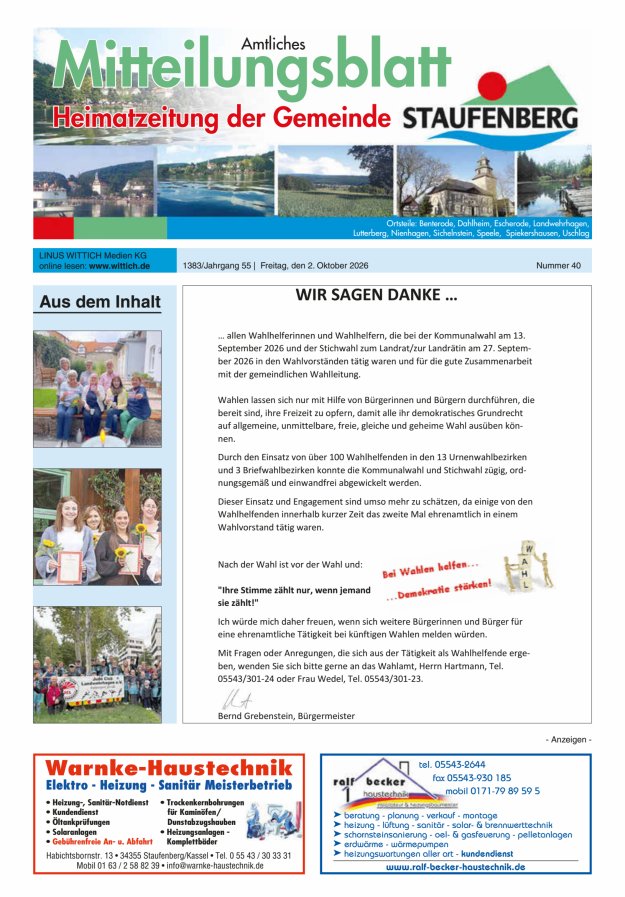 Heimatzeitung der Gemeinde Staufenberg Titelblatt 40/2026