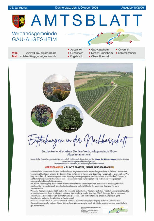 Amtsblatt der VG Gau-Algesheim Titelblatt 40/2026