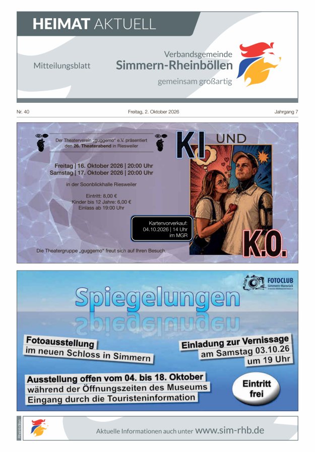 Heimat Aktuell Mitteilungsblatt der VG Simmern-Rheinböllen-Ausg Rheinböllen Titelblatt 39/2026