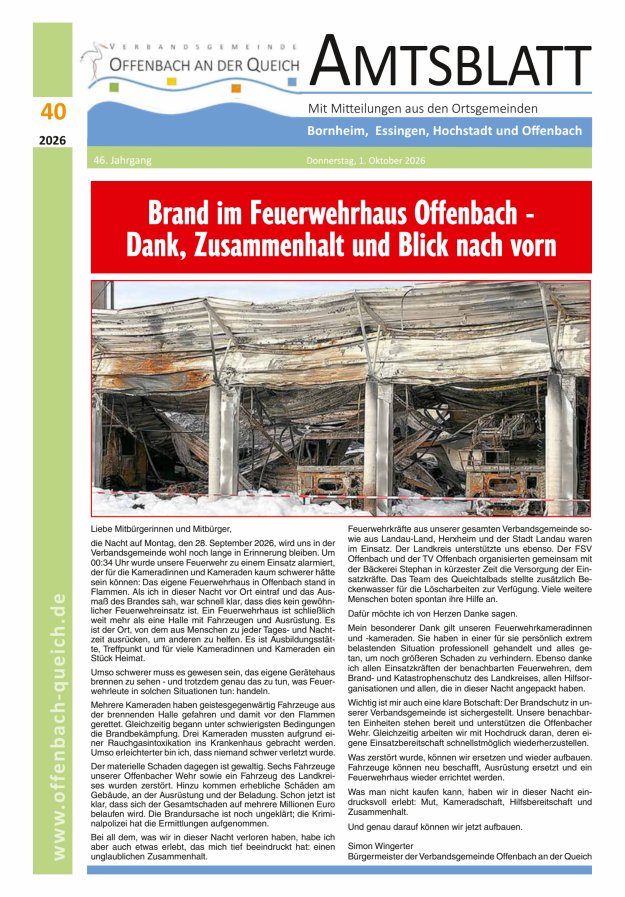 Amtsblatt VG Offenbach an der Queich Titelblatt 40/2026