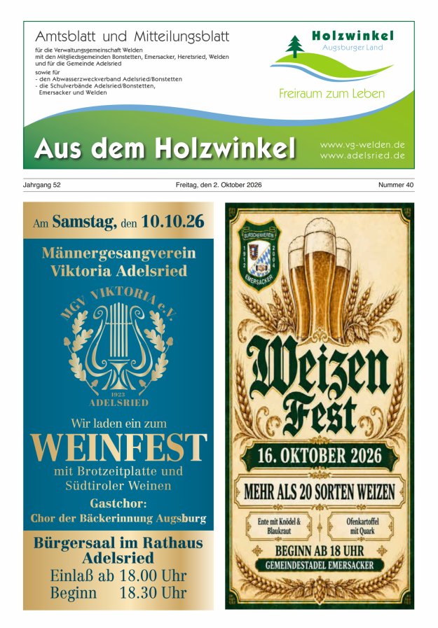 Aus dem Holzwinkel Amtsblatt u Mitteilungsblatt f VG Welden u GemAdelsried Titelblatt 40/2026