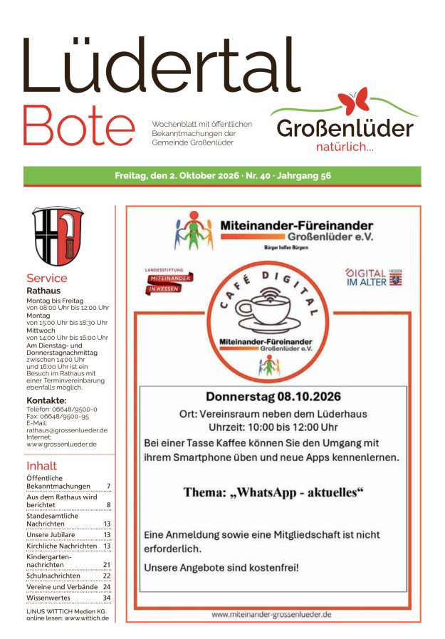 Wochenblatt mit öffentlichen Bekanntmachungen der Gemeinde Großenlüder Titelblatt 40/2026