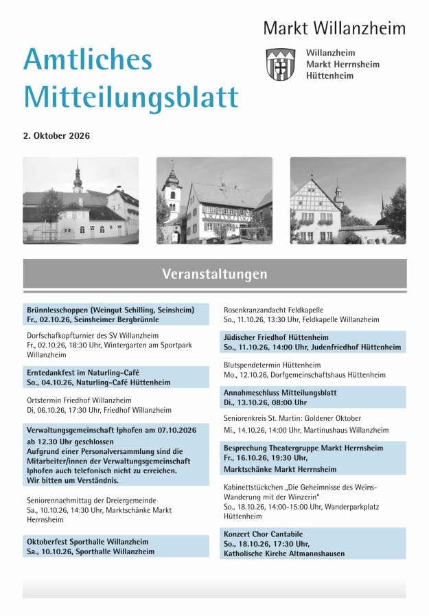 Amtliches Mitteilungsblatt des Marktes Willanzheim Titelblatt 20/2026