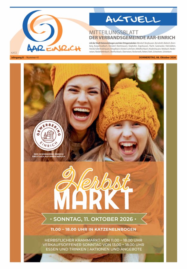 Mitteilungsblatt der Verbandsgemeinde Aar-Einrich Ausgabe Katzenelnbogen Titelblatt 40/2026
