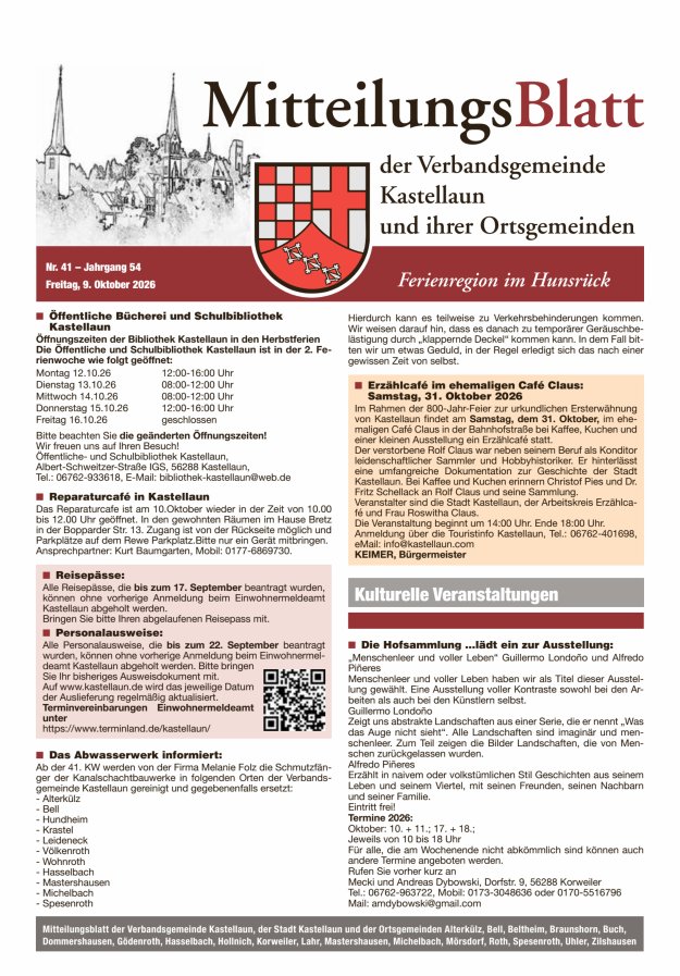 Mitteilungsblatt Kastellaun Titelblatt 41/2026