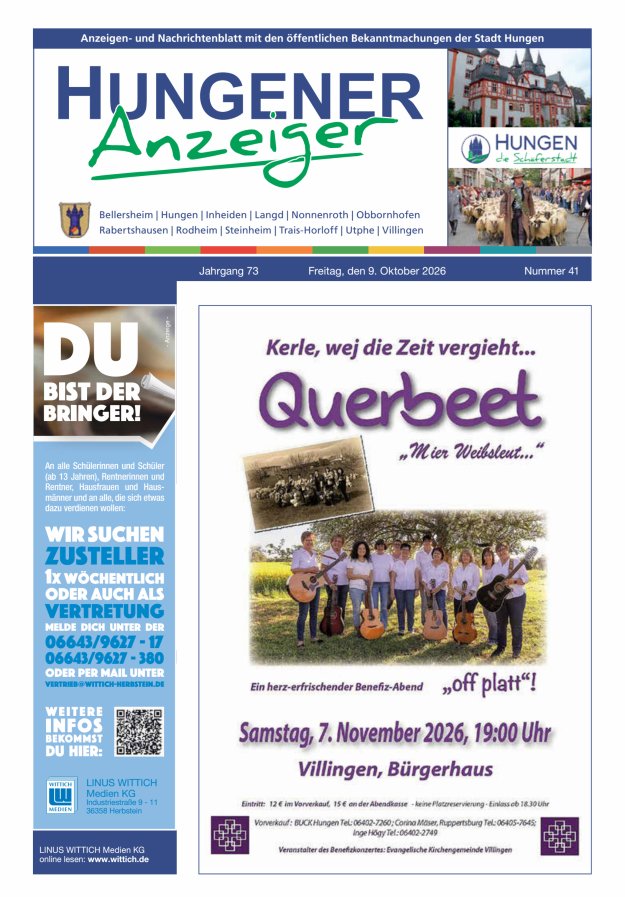 Anzeigen- und Nachrichtenblatt mit den öff  Bekanntmachungen der Stadt Hungen Titelblatt 41/2026