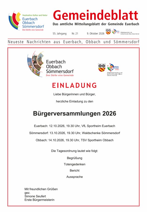 Gemeindeblatt der Gemeinde Euerbach Titelblatt 21/2026