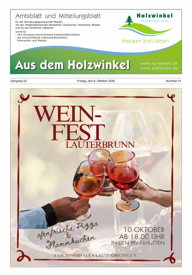 Aus dem Holzwinkel Amtsblatt u Mitteilungsblatt f VG Welden u GemAdelsried Titelblatt 41/2026