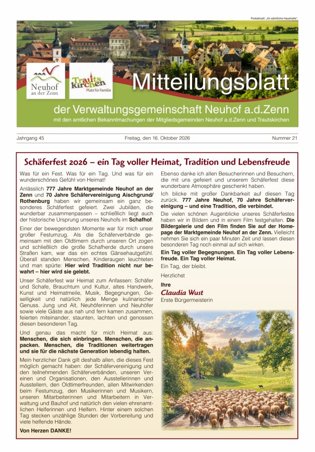Mitteilungsblatt der Verwaltungsgemeinschaft Neuhof an der Zenn mit den amtlichen Bekanntmachungen der Mitgliedsgemeinden Neuhof an der Zenn und Trautskirchen Titelblatt 21/2026