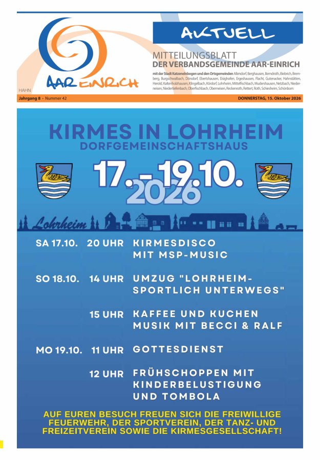 Mitteilungsblatt der Verbandsgemeinde Aar-Einrich Ausgabe Hahnstätten Titelblatt 42/2026