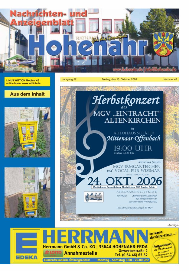 Nachrichten- und Anzeigenblatt für die Gemeinde Hohenahr Titelblatt 42/2026
