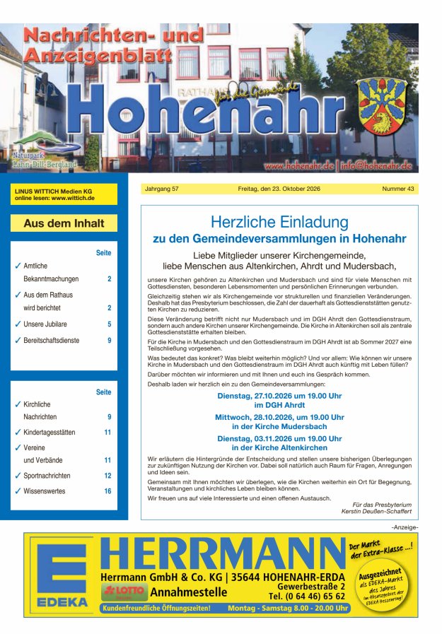 Nachrichten- und Anzeigenblatt für die Gemeinde Hohenahr Titelblatt 43/2026