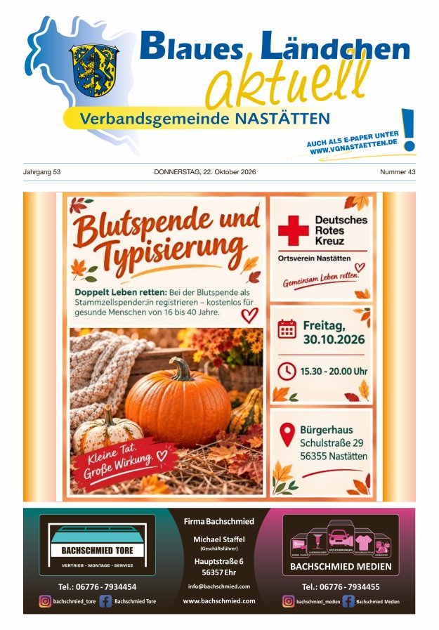 Blaues Ländchen aktuell - Heimat- u Bürgerzeitung VG Nastätten Titelblatt 43/2026