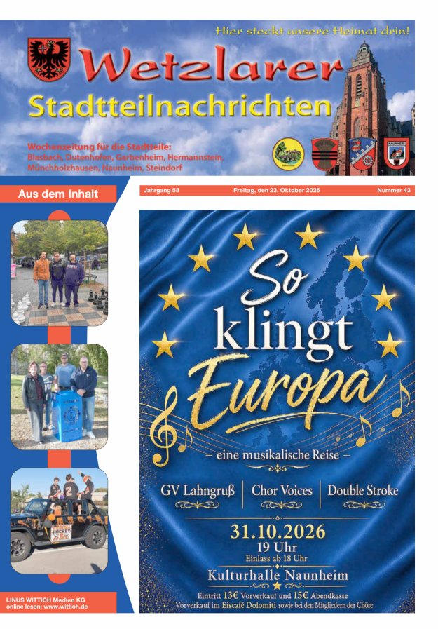Wetzlarer Stadtteilnachrichten Titelblatt 43/2026