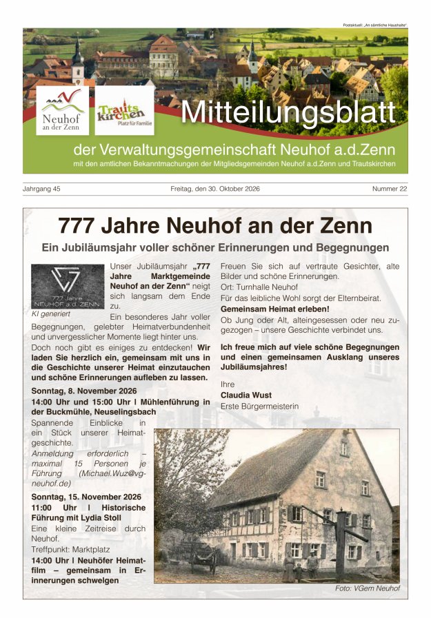 Mitteilungsblatt der Verwaltungsgemeinschaft Neuhof an der Zenn mit den amtlichen Bekanntmachungen der Mitgliedsgemeinden Neuhof an der Zenn und Trautskirchen Titelblatt 22/2026