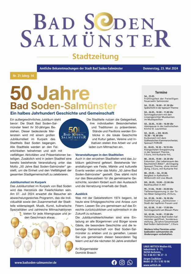 Titelblatt Bad Soden-Salmünster aktuell - Bürger- und Gästezeitung Ausgabe: 18/2024