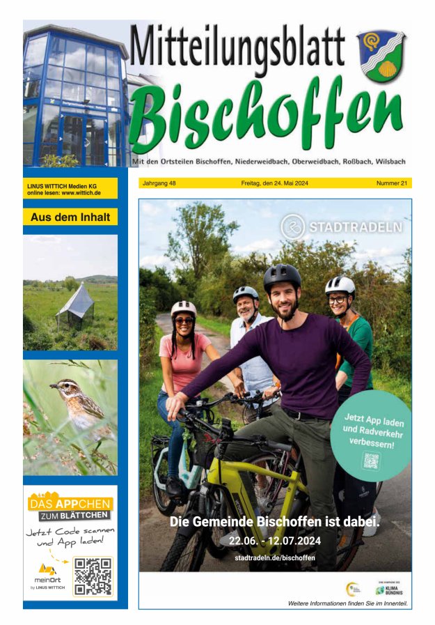Titelblatt Mitteilungsblatt für die Gemeinde Bischoffen Ausgabe: 20/2024