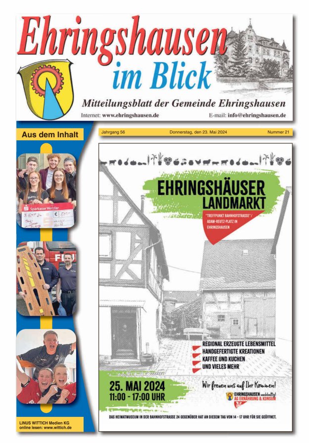 Titelblatt Mitteilungsblatt der Gemeinde Ehringshausen Ausgabe: 18/2024