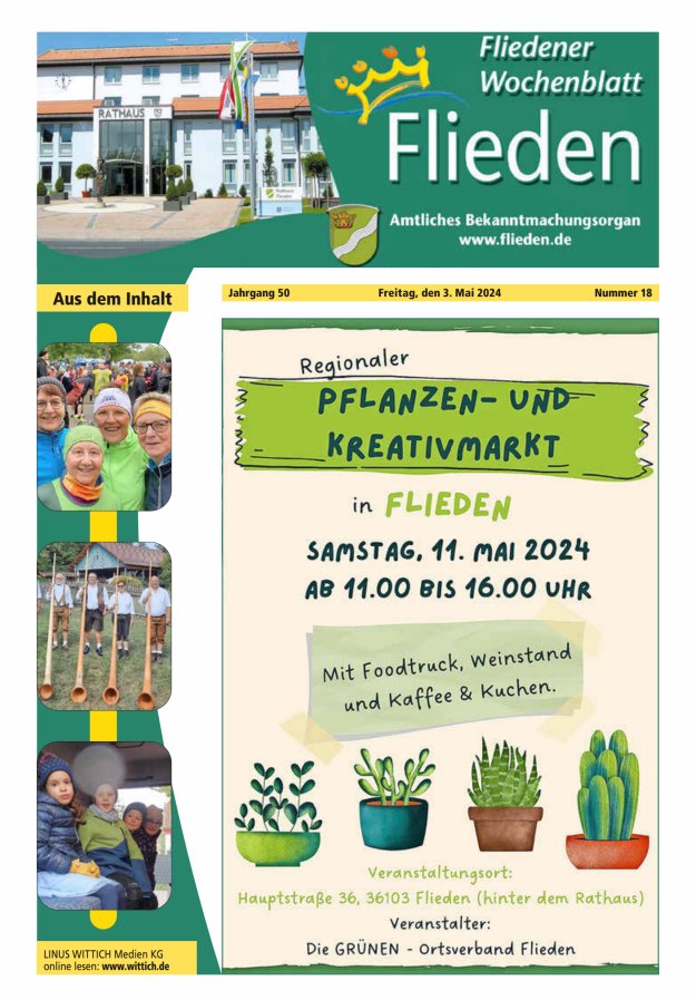 Titelblatt Amtliches Bekanntmachungsorgan der Gemeinde Flieden Ausgabe: 19/2024