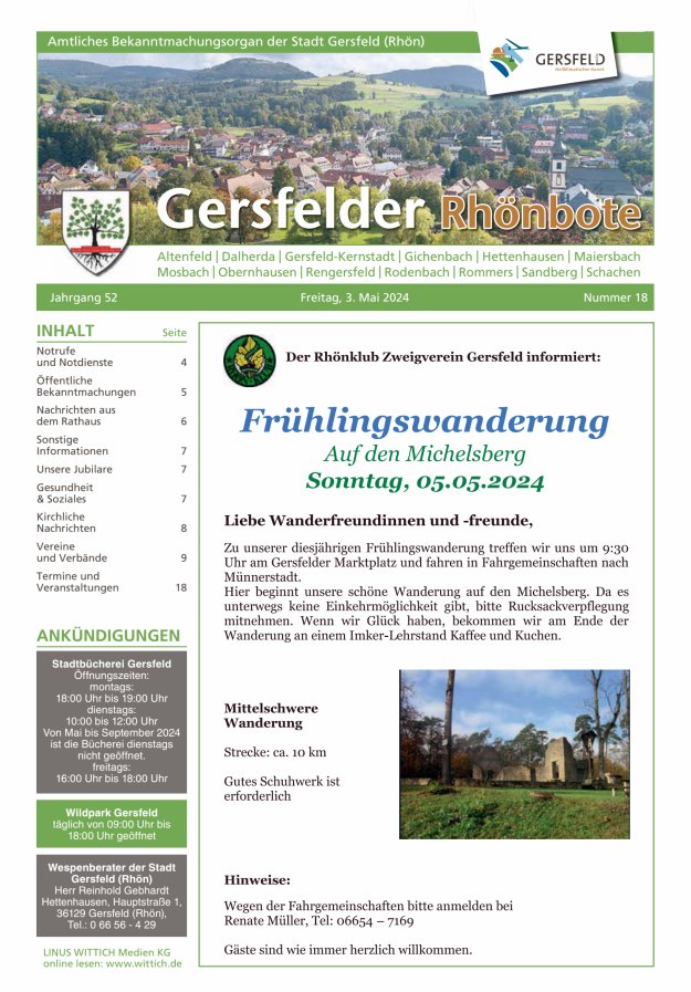Titelblatt Gersfelder Rhönbote Ausgabe: 17/2024