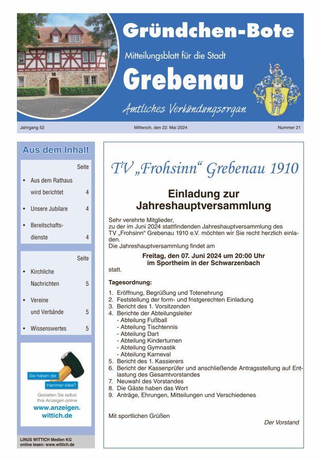 Titelblatt Grebenau - Gründchen Bote - Mitteilungsblatt für die Stadt Grebenau Ausgabe: 20/2024