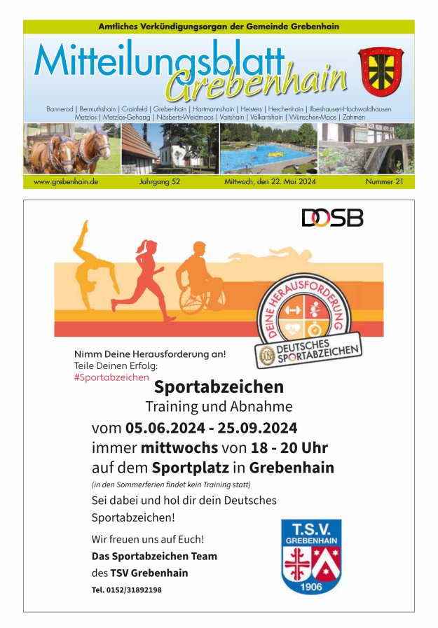 Titelblatt Mitteilungsblatt für die Gemeinde Grebenhain Ausgabe: 18/2024